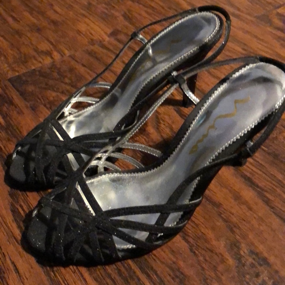 Mia shimmery black fabric open toe slingback.